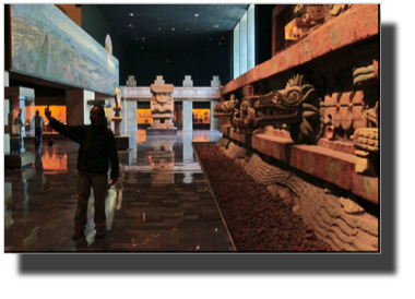 Statue of Chalchiuhtlicue in the middle. Reproduction of the Temple of the feathered serpent in Teotihuacan to the right. DSC02291.jpg